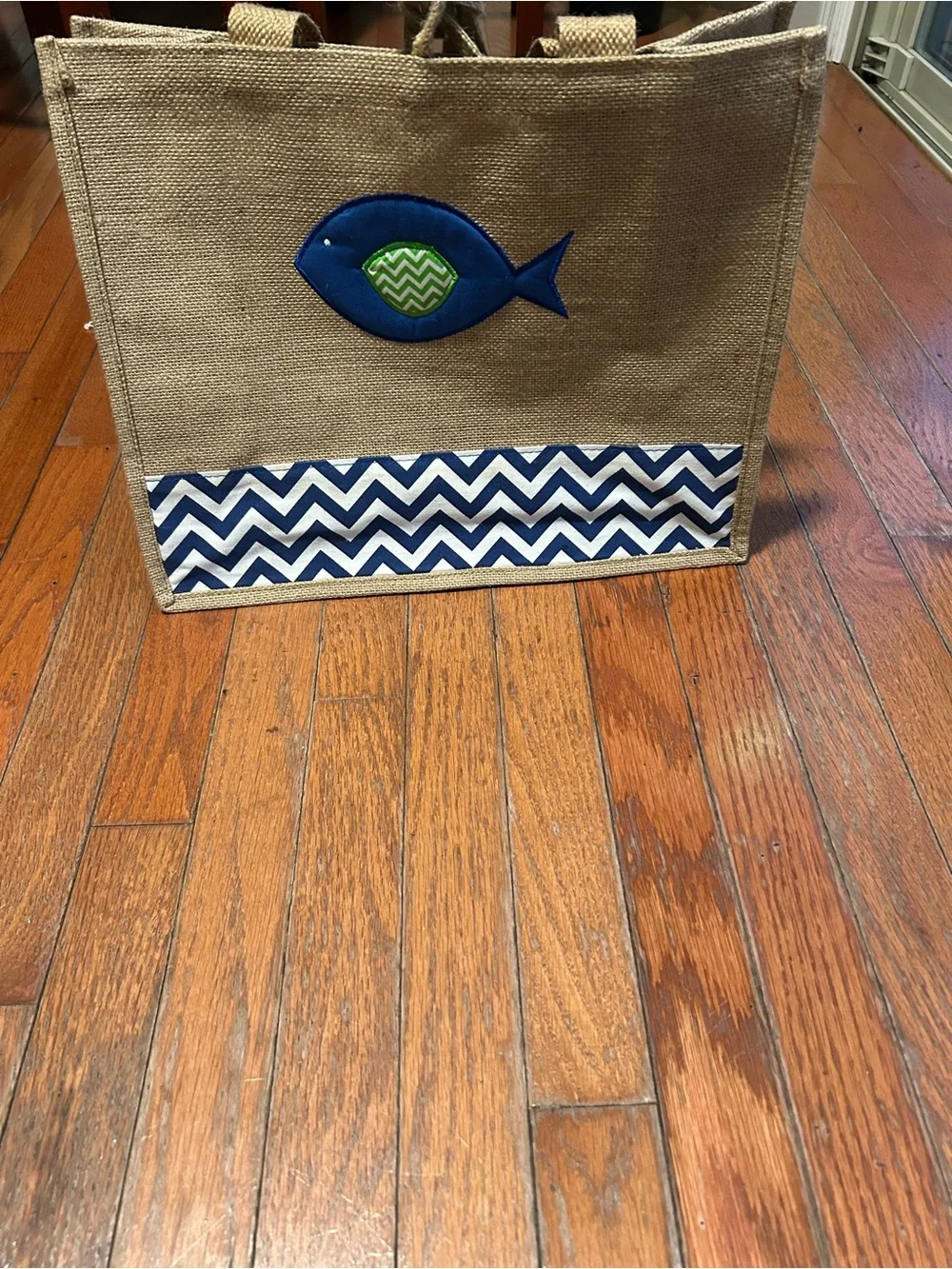 Nautical Jute Tote Bag with Blue Fish Appliqué | Beach Market Shopping Bag